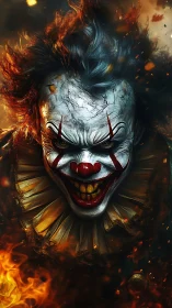 Demonic firelit clown portrait with cracked mask grin.