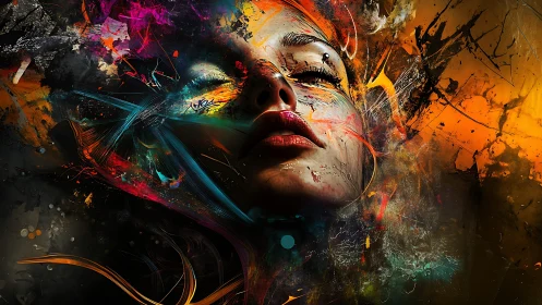 Surreal female portrait merges with explosive paint strokes