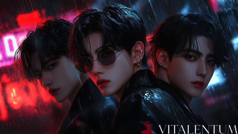 Neon rain triptych of cool nightwalkers in mirrored noir.