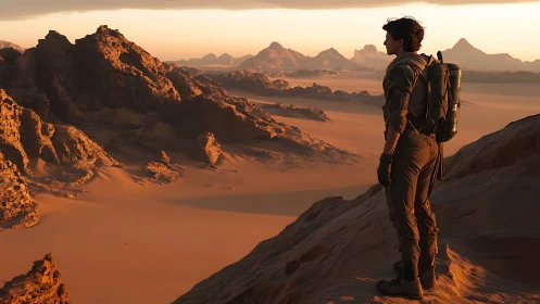 Adventurous traveler gazing over sunlit alien desert dunes.
