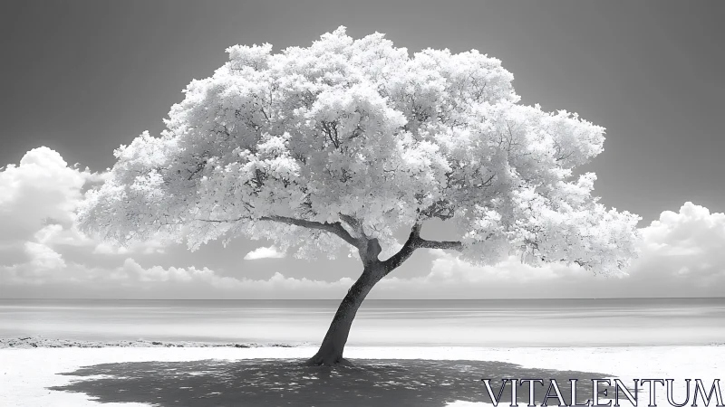 Solitary infrared coastal tree rendered in high tonal contrast
