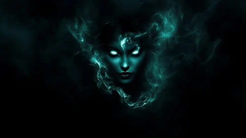Spectral sorceress rising from teal smoke in midnight void.