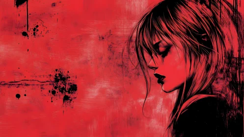 Crimson profile portrait with expressive ink bleed textures.