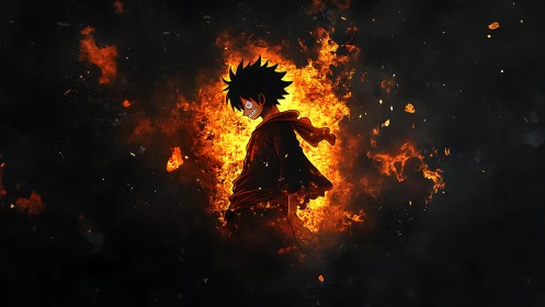 Flame-swept hero grins into the storm of burning night