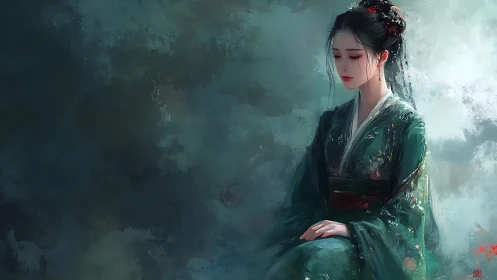 Melancholic woman in green hanfu within misted teal void.