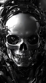 Chrome skeletal cybernetic head with mechanical tubing.