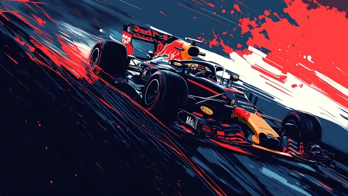 High-contrast vector render of Formula racing car in dynamic motion