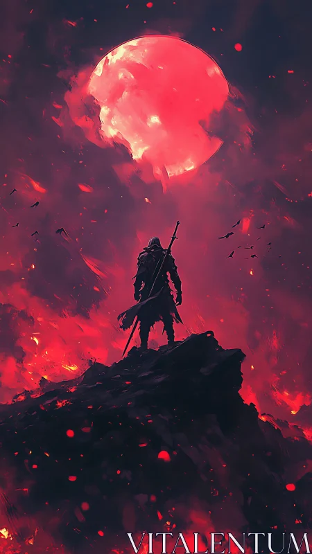 Lone warrior confronts a burning crimson moon in apocalyptic sky