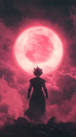 Starlit warrior rises beneath a colossal crimson moon