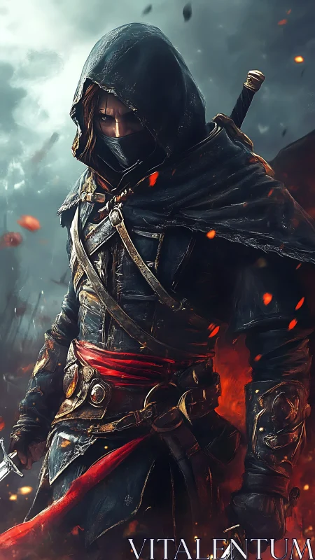 Hooded rogue in scorched battlefield lit by dynamic ember particles