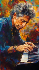 Expressive jazz pianist painted in vivid swirling color.