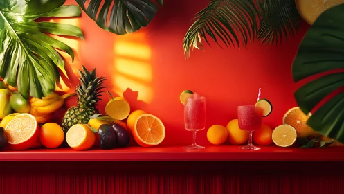 Tropical Fruit Display Against Vibrant Red Backdrop