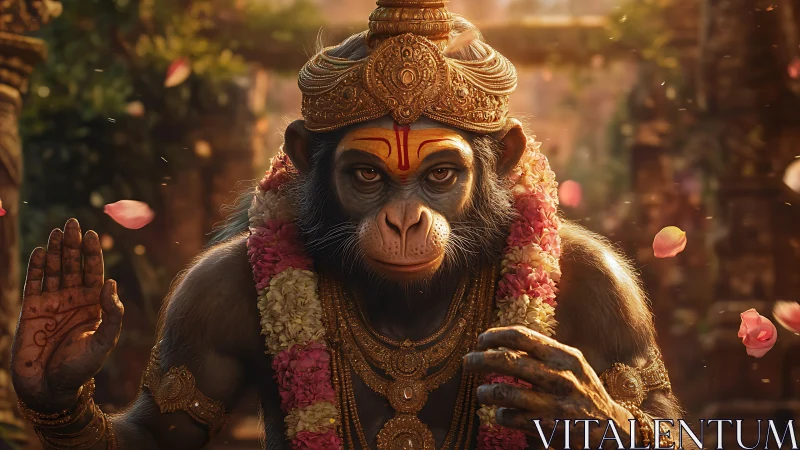 Monkey figure in ornate ritual attire before temple backdrop.