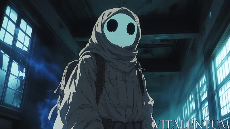 Hooded ghostly wanderer haunts an eerie abandoned hallway.