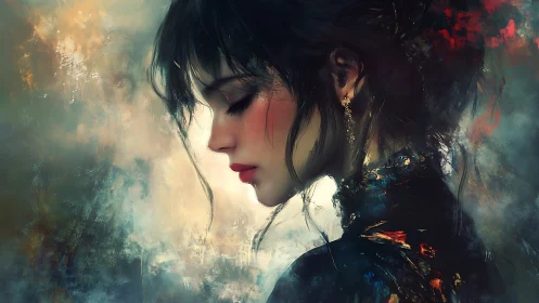 Melancholic woman in profile contemplates within misty light