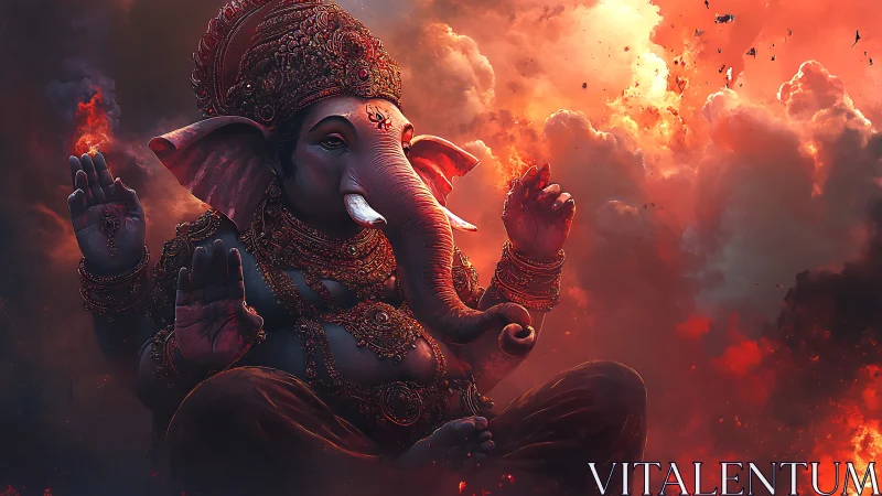 Luminous ganesha deity amid turbulent volumetric fireclouds.