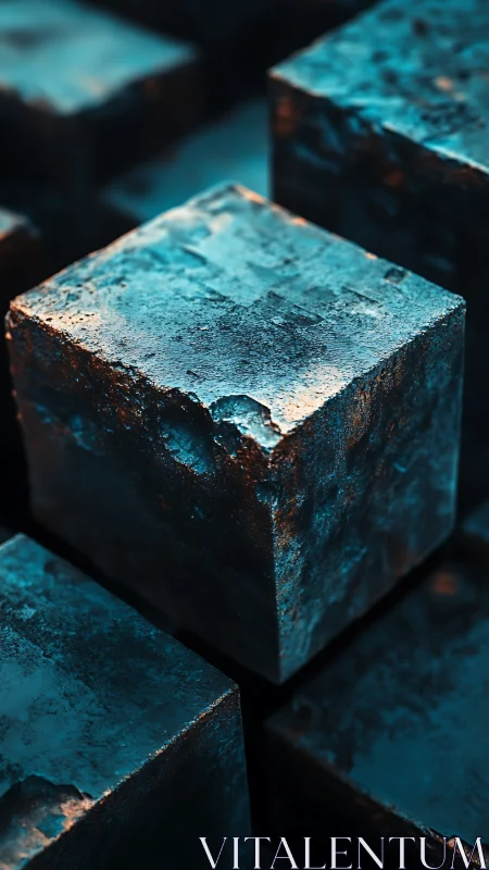Weathered metal cubes quietly glow in teal industrial haze