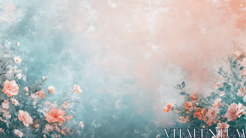 Ethereal Garden. Soft Coral Roses Dissolve into Misty Teal