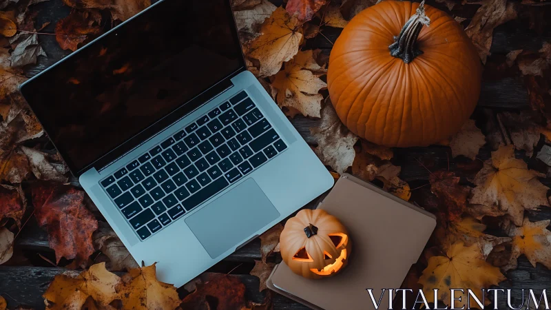 Autumn leaves surround laptop and pumpkins in cozy workspace.