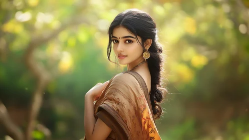 Elegant woman in traditional saree with soft sunlight, portrait style.