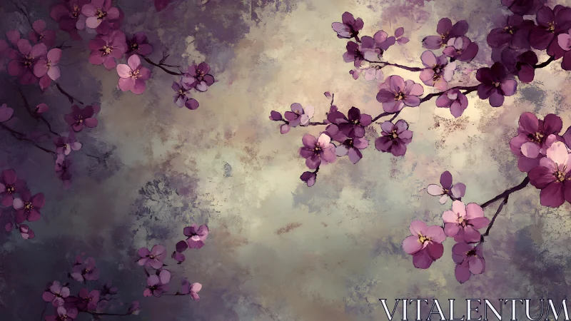 Soft plum blossoms drift across a tranquil painted sky