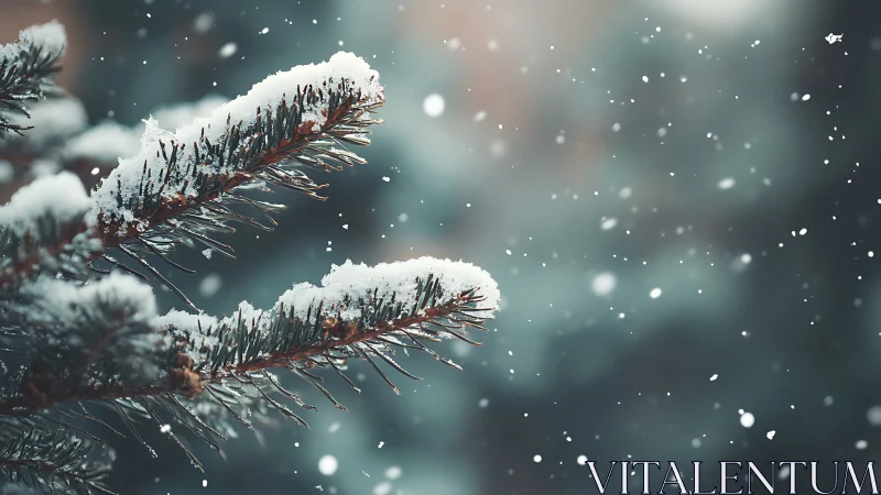 Snow-dusted fir needles in tranquil shallow-focus winter scene.