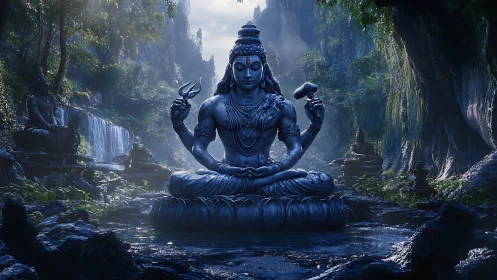 Moonlit Shiva sanctuary amid mist-veiled jungle falls.