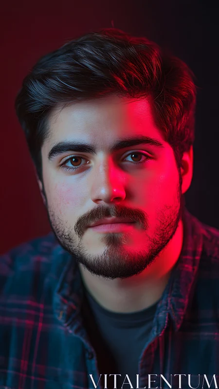 Red neon whisper carves quiet drama across a calm face