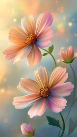 Cosmos Flowers Blooming. Rainbow Petals Against Soft Light.