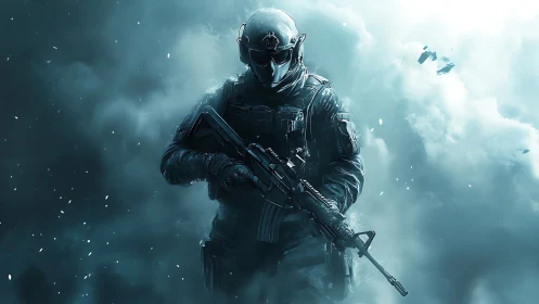 Heavily armed soldier stands in dense blue combat smoke.