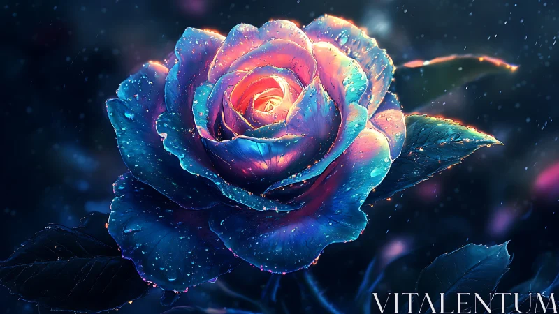 Multicolored digital rose bloom with water droplets rendered precisely