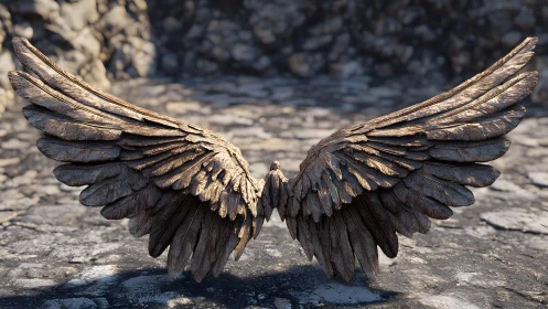 Realistic Wooden Angel Wings Sculpture on Rocky Ground.
