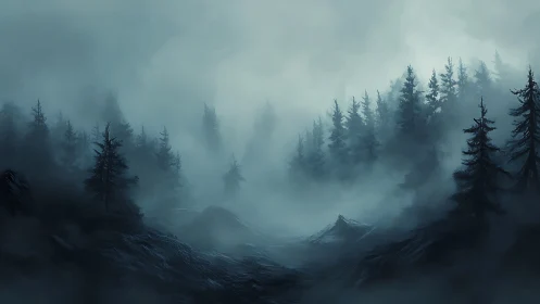 Misty mountain valley with coniferous trees shrouded in fog.