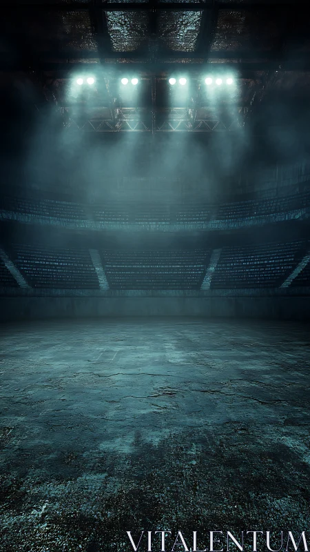 Empty indoor arena floor lies under overhead spotlights
