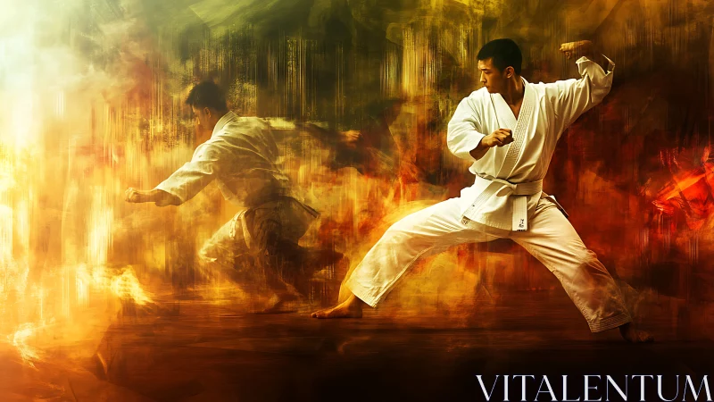 Martial artist executes dynamic kata amid blazing light.