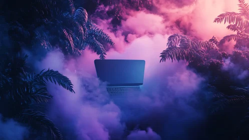 Cyberpunk laptop suspended in neon jungle vapor gradient.