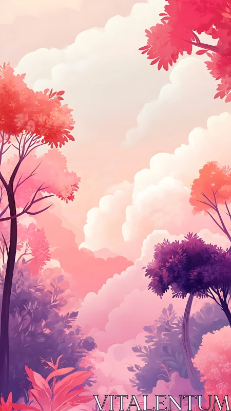 Chromatic Forest Landscape with Gradient Clouds and Layered Flora