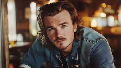 Soft-lit portrait of man in denim within warm bokeh bar.