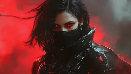 Cybernetic assassin portrait with red volumetric backlight and smoke