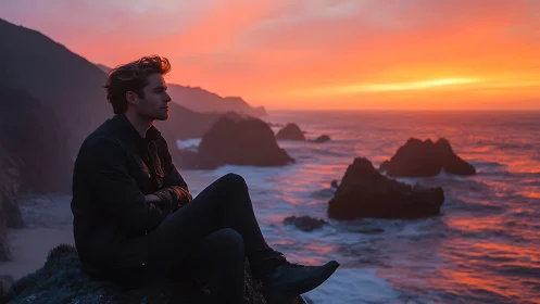 Man sits on coastal cliff edge observing vivid ocean sunset
