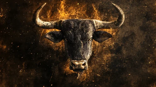 Fiery bull portrait framed by glowing embers on black field.