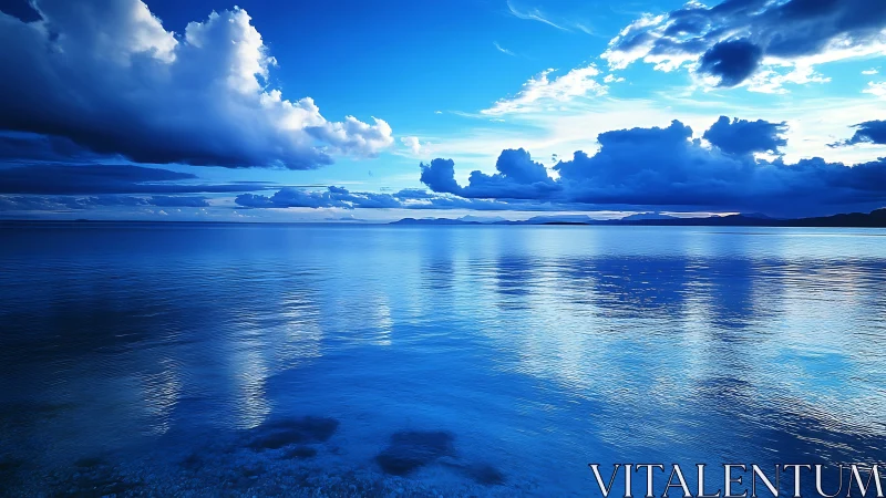 Vast blue seascape reflects dramatic clouds at dusk.