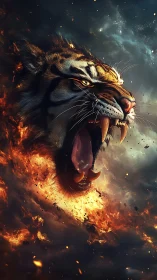 Roaring tiger head emerging from swirling fire and smoke.