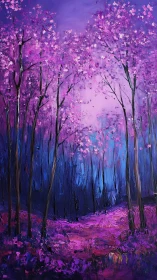 Dreamy twilight forest glowing in violet blossoms.