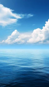 Calm open ocean under bright blue sky and clouds.