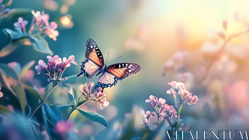 Monarch butterfly hovers above pastel spring blossoms.