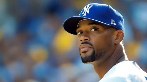 Steely-eyed ballplayer studies the field in crisp blue focus