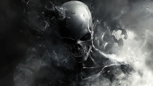 Dark skeletal entity emerges from swirling monochrome void.