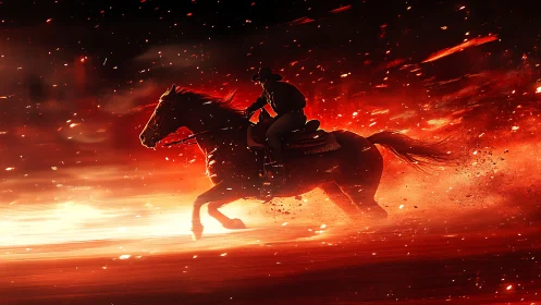 Rider in the ember storm, galloping through fiery light.