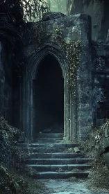 Weathered stone doorway into dark overgrown ruin.